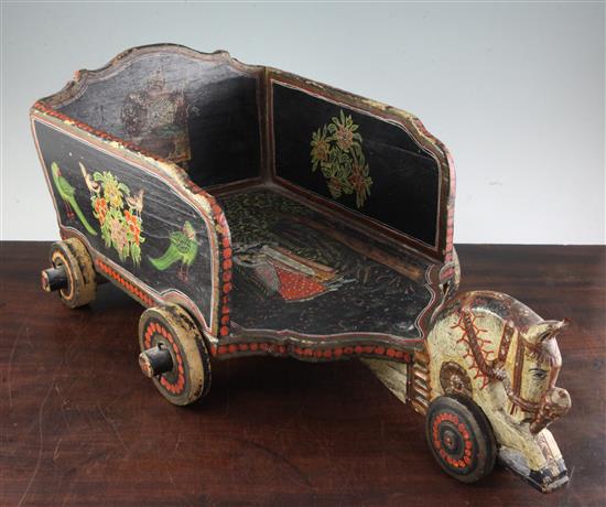 An Indian toy horse and cart, 26in.